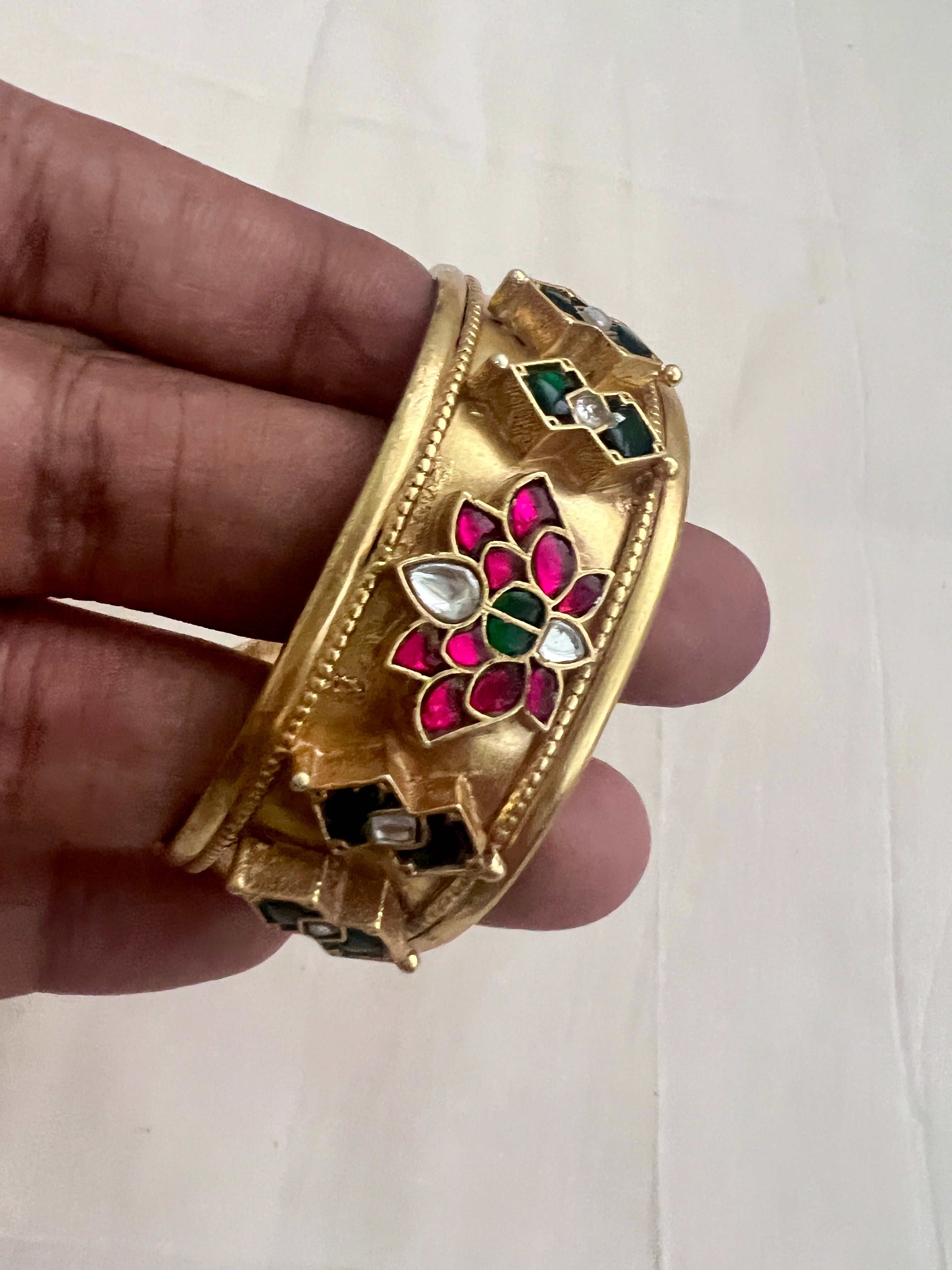 Gold polish kundan, ruby & emerald flower adjustable kada-Silver Bracelet-CI-House of Taamara