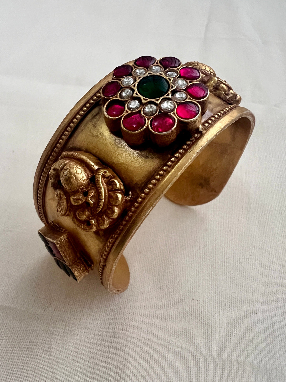 Gold polish kundan, ruby & emerald flower adjustable kada-Silver Bracelet-CI-House of Taamara