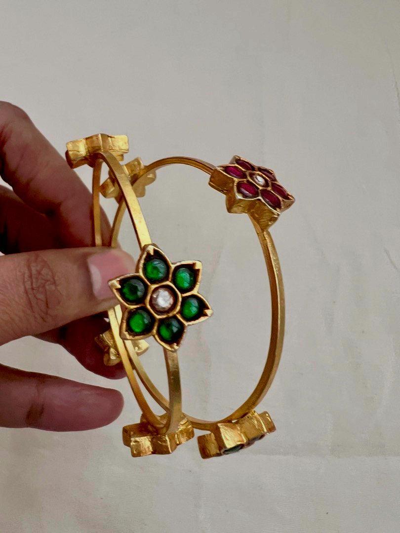 Gold polish kundan, ruby & emerald flower bangles, PAIR-Silver Bracelet-CI-House of Taamara