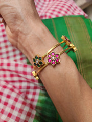 Gold polish kundan, ruby & emerald flower bangles, PAIR-Silver Bracelet-CI-House of Taamara