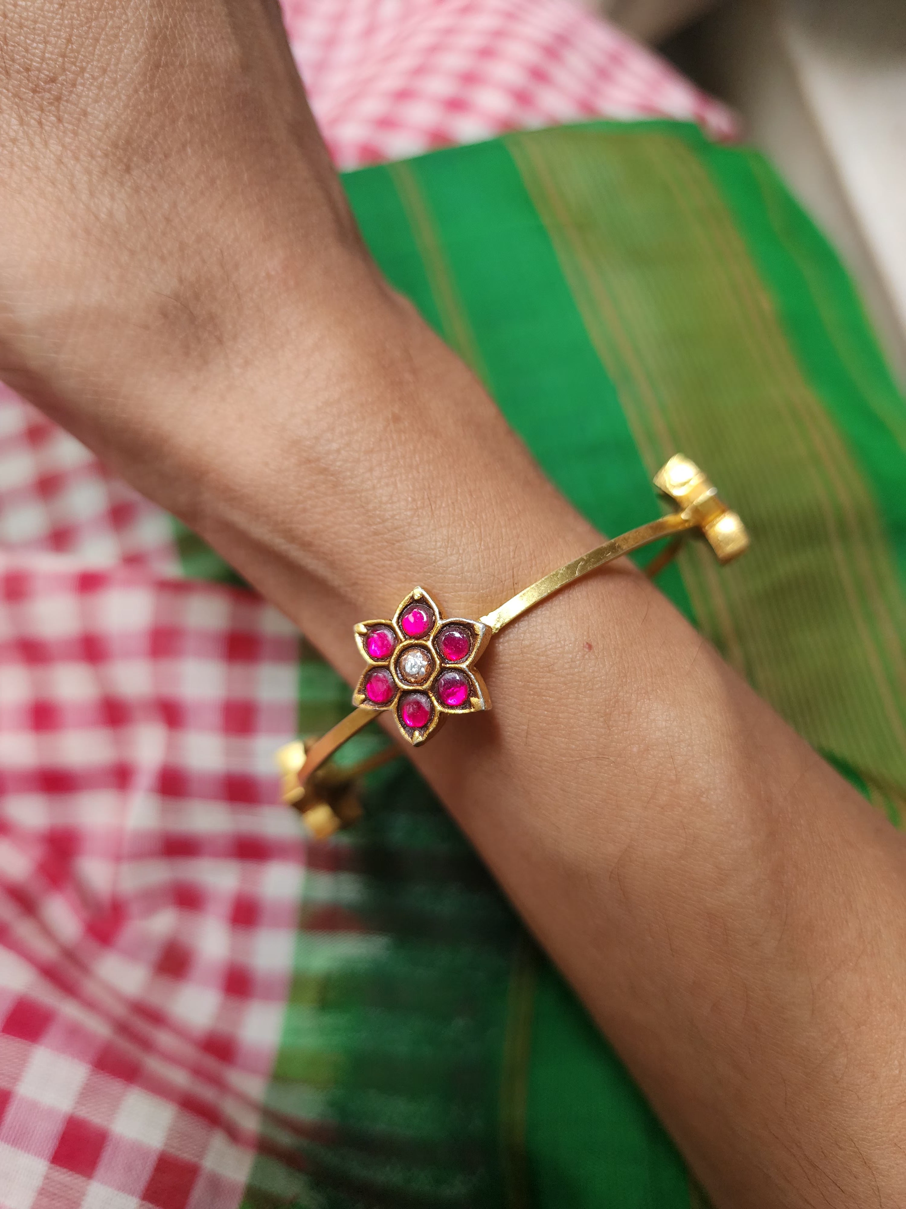 Gold polish kundan, ruby & emerald flower bangles, PAIR-Silver Bracelet-CI-House of Taamara