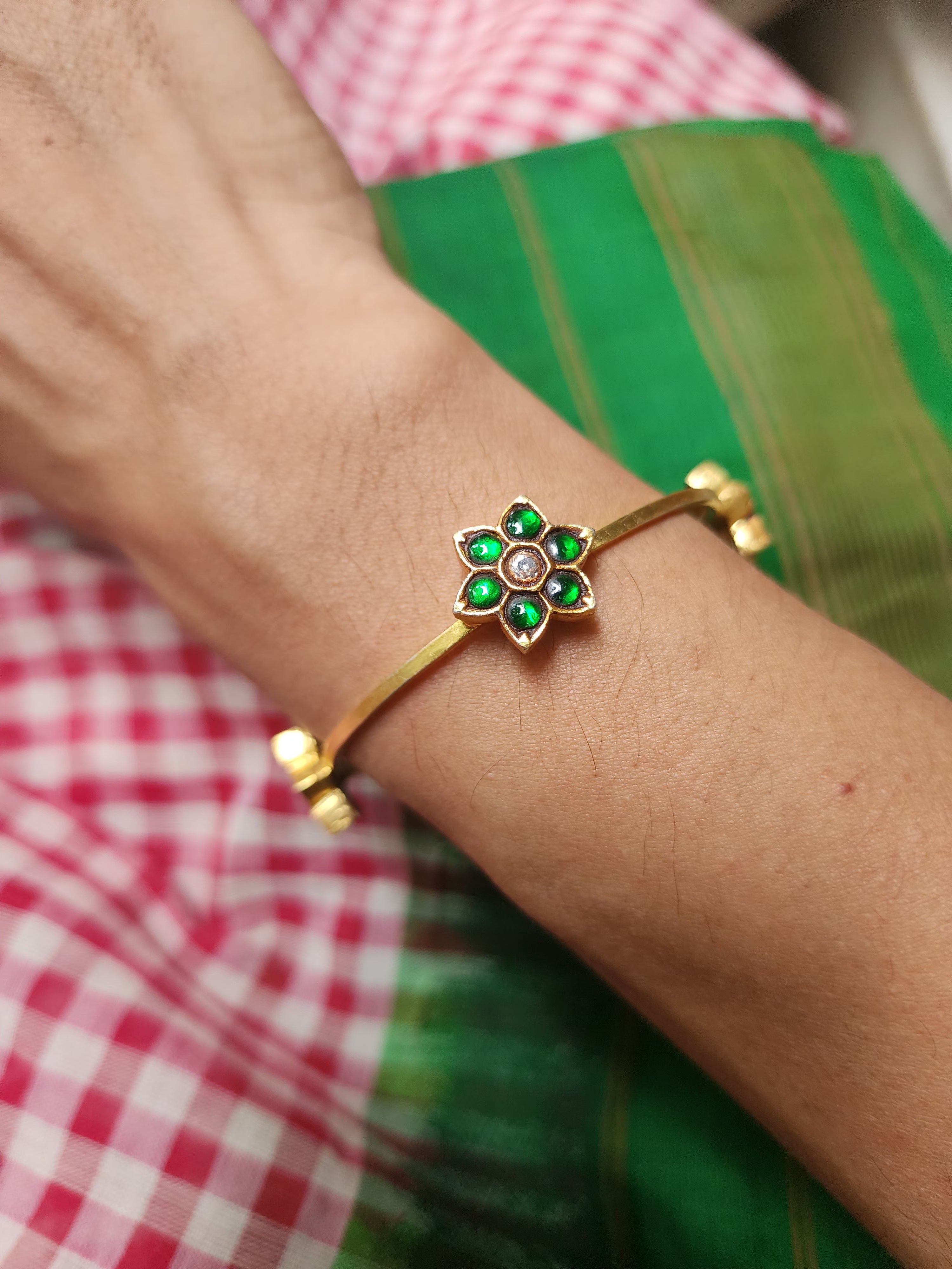 Gold polish kundan, ruby & emerald flower bangles, PAIR-Silver Bracelet-CI-House of Taamara