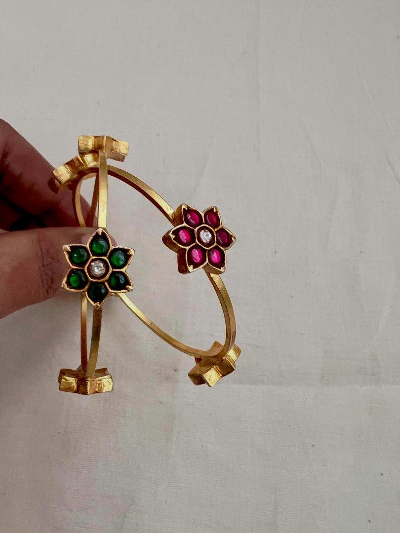 Gold polish kundan, ruby & emerald flower bangles, PAIR-Silver Bracelet-CI-House of Taamara