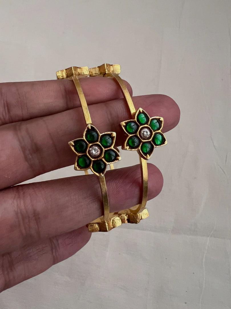Gold polish kundan, ruby & emerald flower bangles, PAIR-Silver Bracelet-CI-House of Taamara
