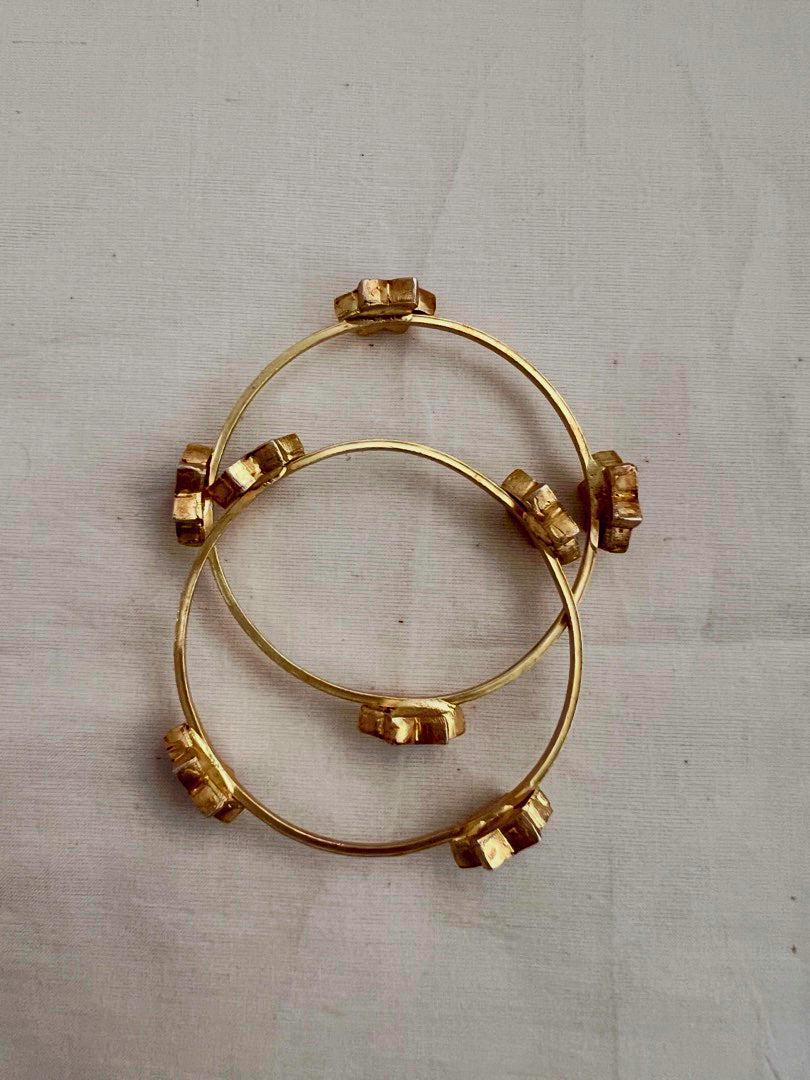 Gold polish kundan, ruby & emerald flower bangles, PAIR-Silver Bracelet-CI-House of Taamara
