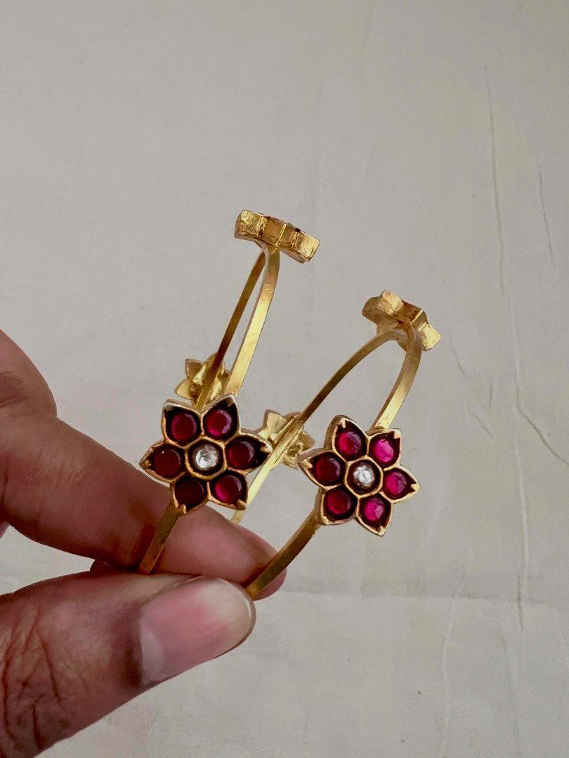 Gold polish kundan, ruby & emerald flower bangles, PAIR-Silver Bracelet-CI-House of Taamara