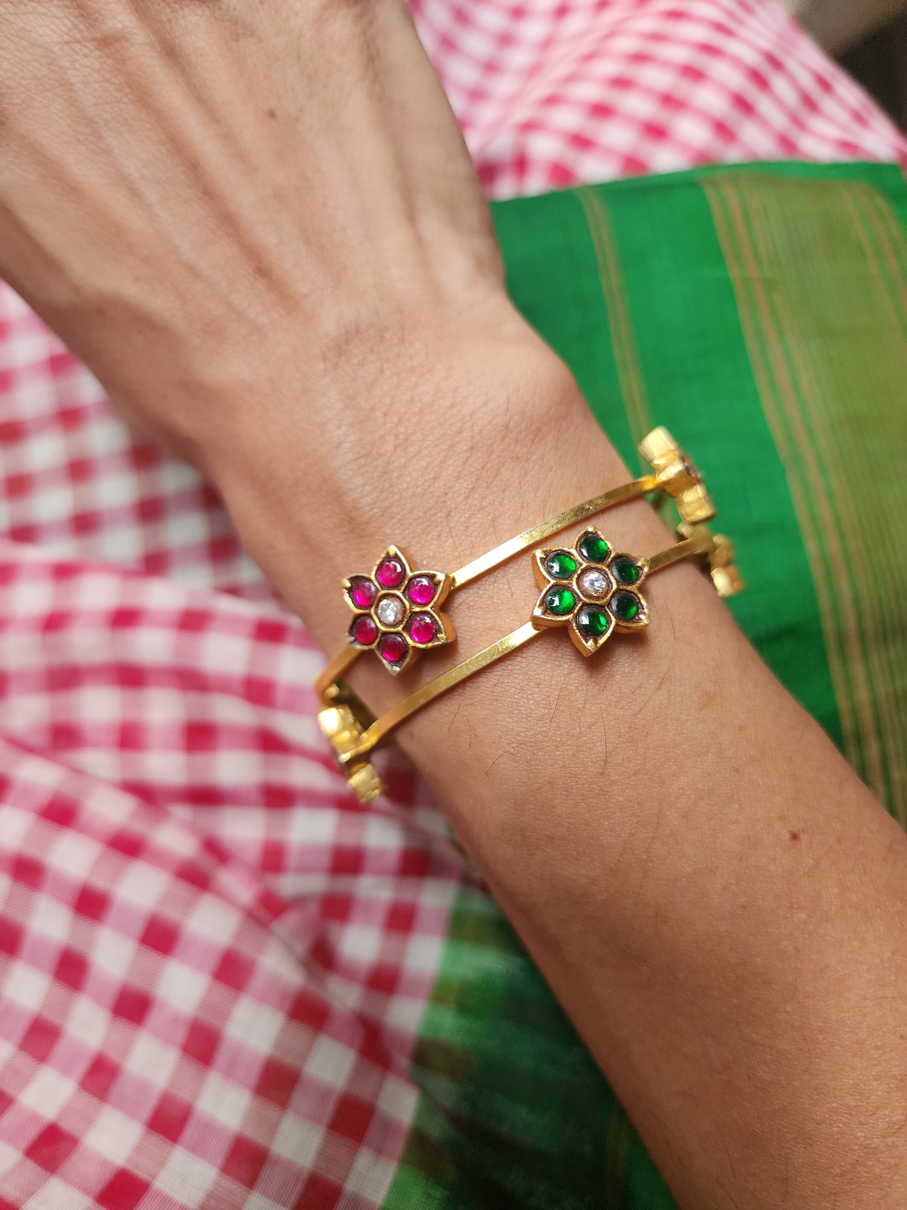 Gold polish kundan, ruby & emerald flower bangles, PAIR-Silver Bracelet-CI-House of Taamara