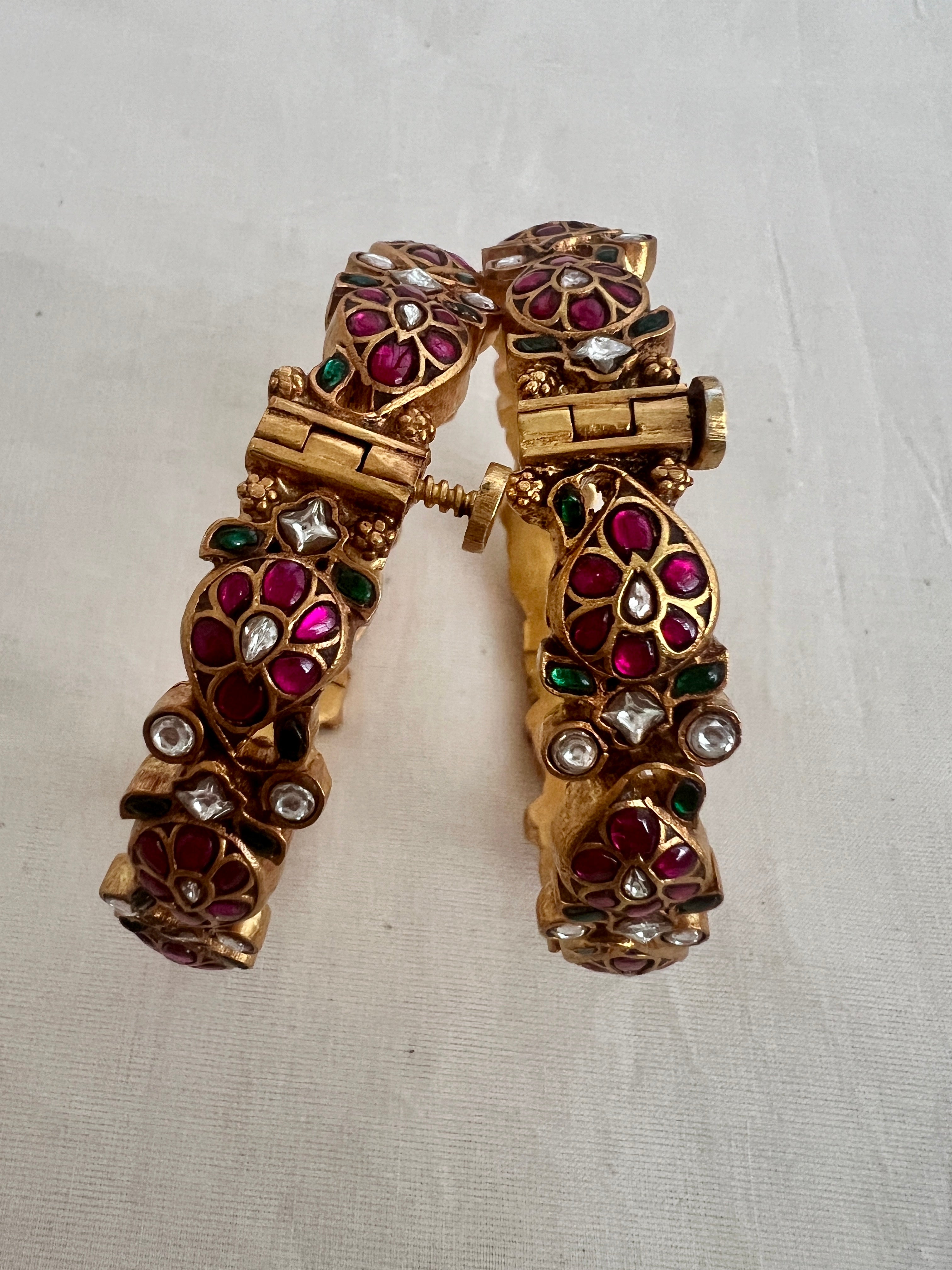 Gold polish kundan, ruby & emerald flower bangles, pair-Silver Bracelet-CI-House of Taamara