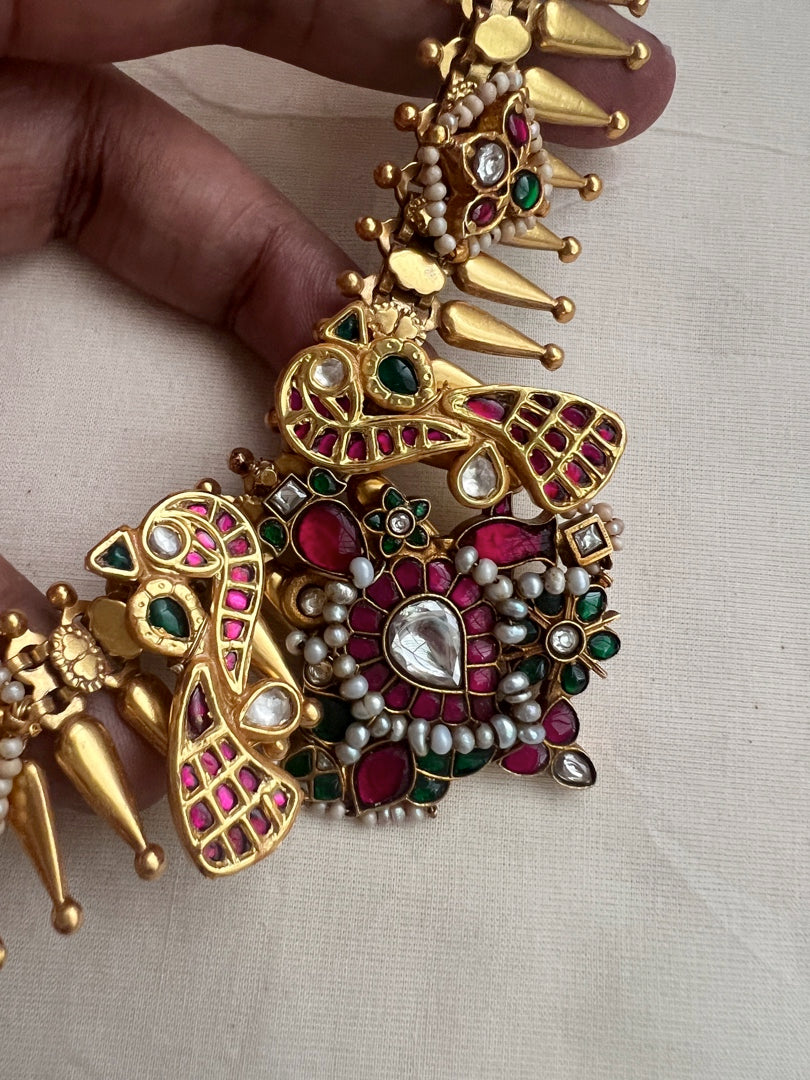 Gold polish kundan, ruby & emerald fusion necklace with pearls-Silver Neckpiece-CI-House of Taamara