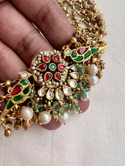 Gold polish kundan, ruby & emerald fusion necklace with pearls-Silver Neckpiece-CI-House of Taamara