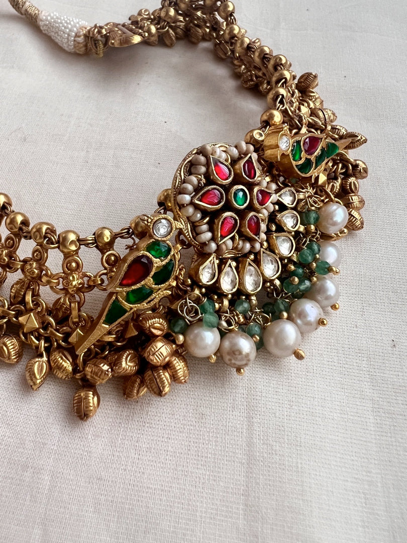 Gold polish kundan, ruby & emerald fusion necklace with pearls-Silver Neckpiece-CI-House of Taamara