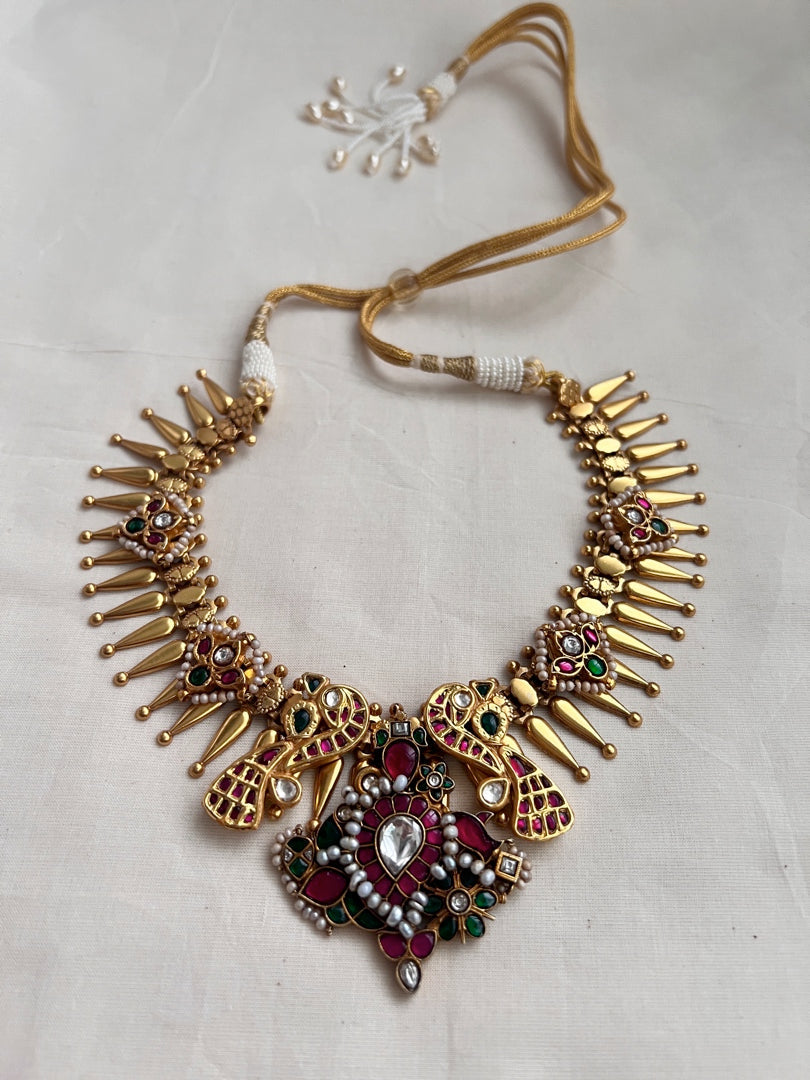 Gold polish kundan, ruby & emerald fusion necklace with pearls-Silver Neckpiece-CI-House of Taamara