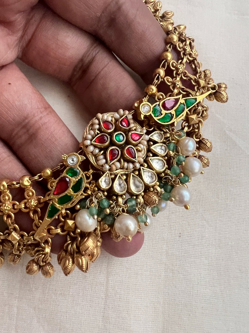 Gold polish kundan, ruby & emerald fusion necklace with pearls-Silver Neckpiece-CI-House of Taamara