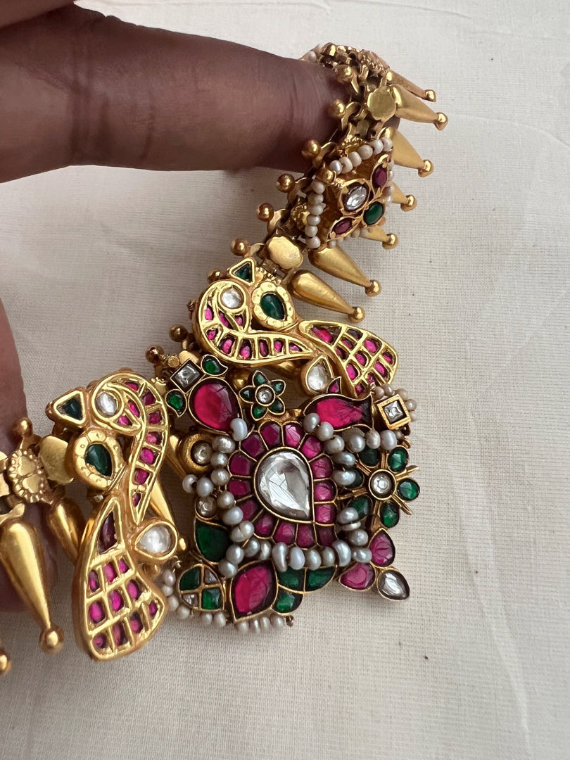 Gold polish kundan, ruby & emerald fusion necklace with pearls-Silver Neckpiece-CI-House of Taamara