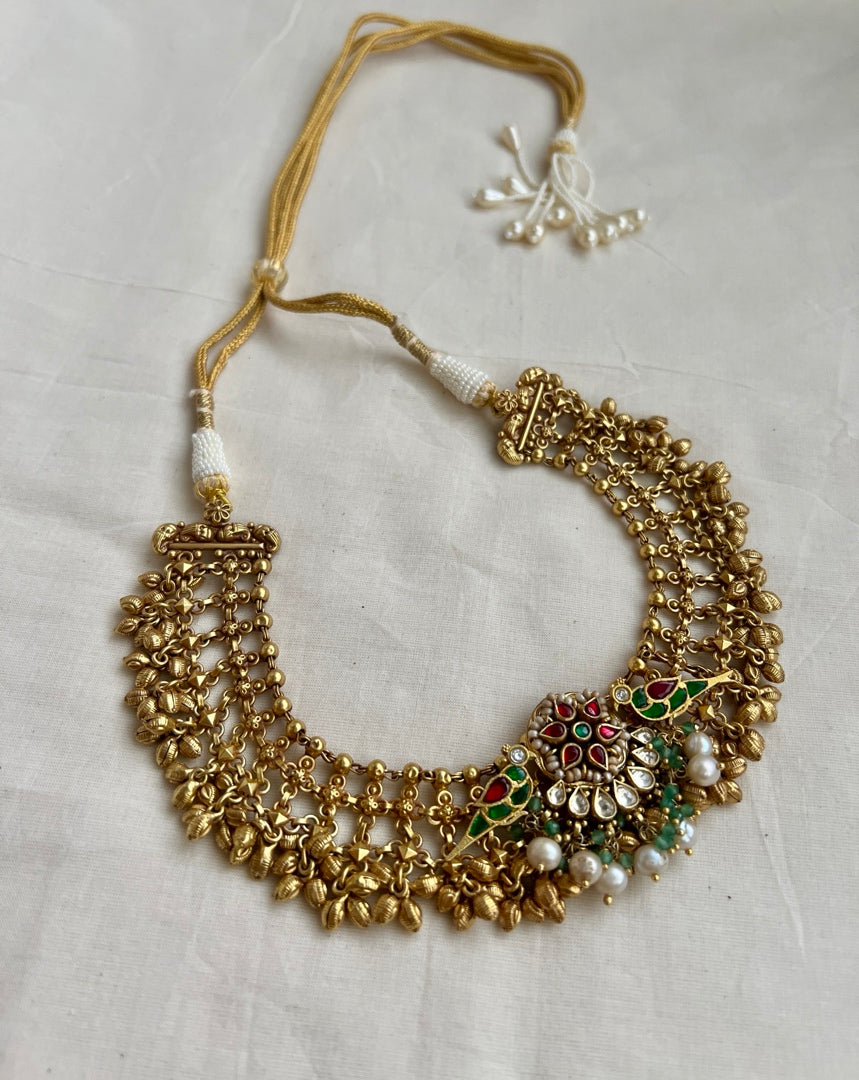 Gold polish kundan, ruby & emerald fusion necklace with pearls-Silver Neckpiece-CI-House of Taamara