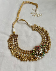 Gold polish kundan, ruby & emerald fusion necklace with pearls-Silver Neckpiece-CI-House of Taamara