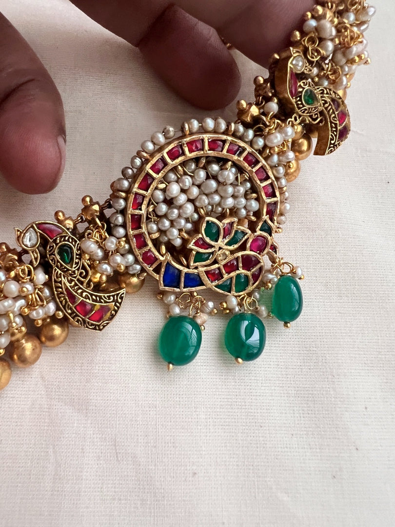 Gold polish kundan, ruby & emerald fusion necklace with pearls bunch-Silver Neckpiece-CI-House of Taamara