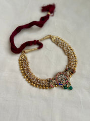 Gold polish kundan, ruby & emerald fusion necklace with pearls bunch-Silver Neckpiece-CI-House of Taamara