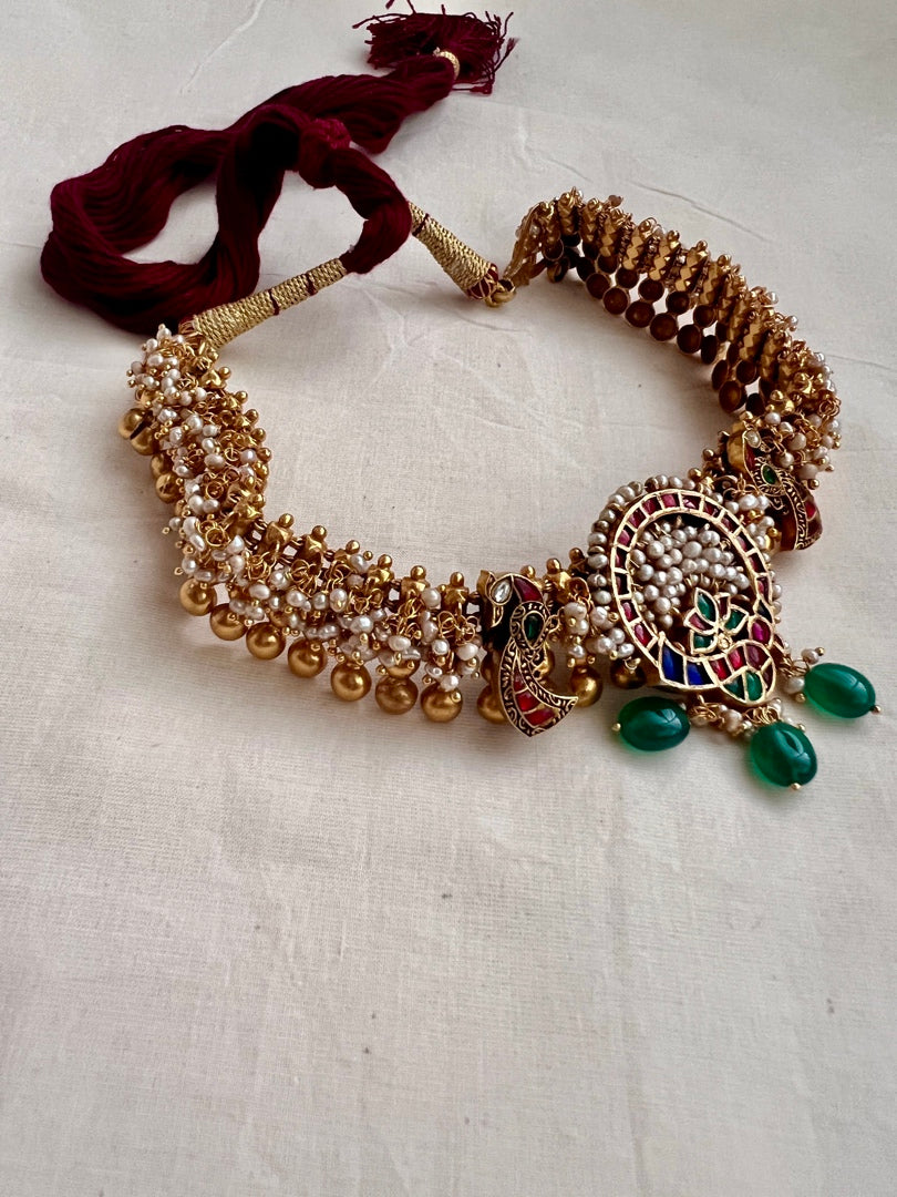 Gold polish kundan, ruby & emerald fusion necklace with pearls bunch-Silver Neckpiece-CI-House of Taamara