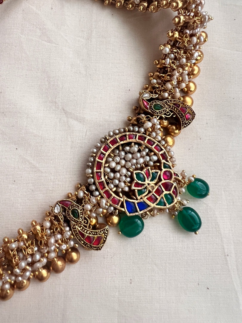 Gold polish kundan, ruby & emerald fusion necklace with pearls bunch-Silver Neckpiece-CI-House of Taamara