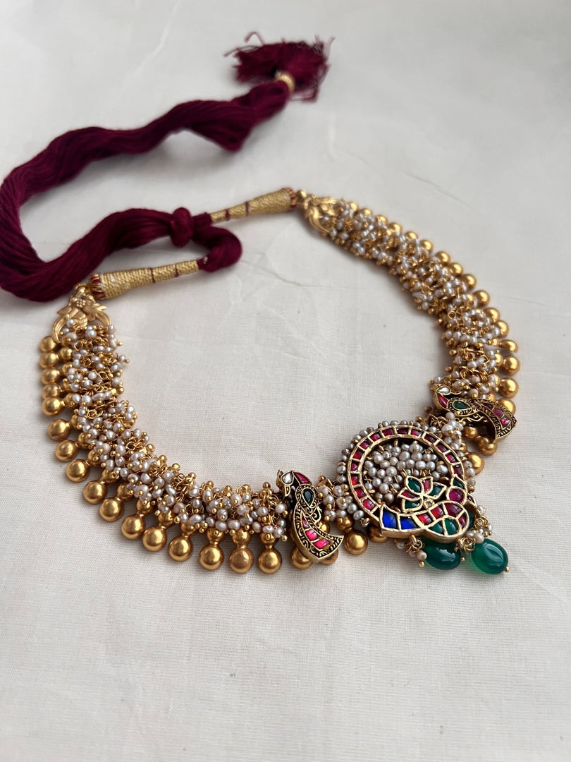 Gold polish kundan, ruby & emerald fusion necklace with pearls bunch-Silver Neckpiece-CI-House of Taamara