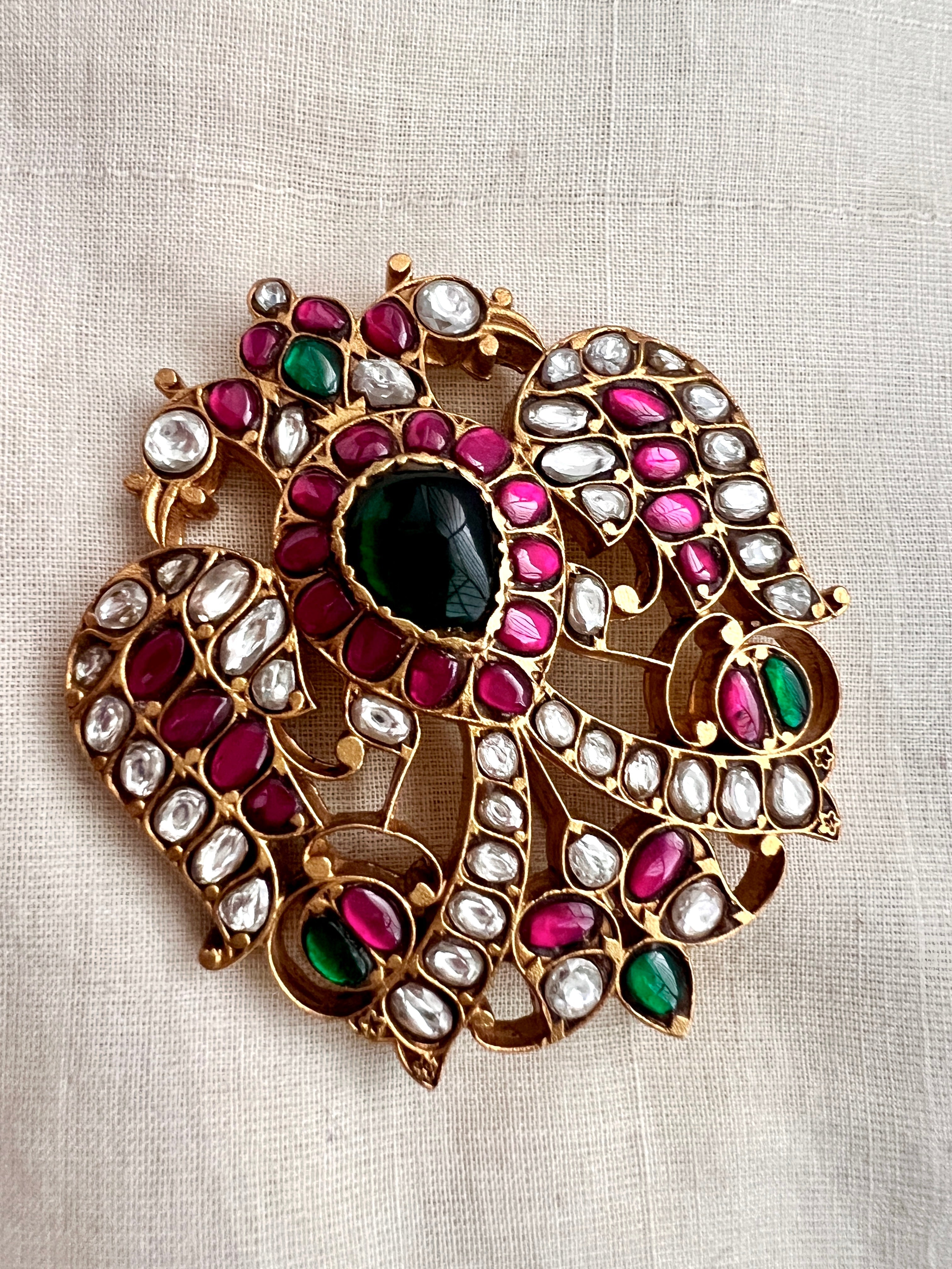 Gold Polish Kundan, Ruby & Emerald Gandaberunda Brooch (MADE TO ORDER)-Silver Neckpiece-CI-House of Taamara