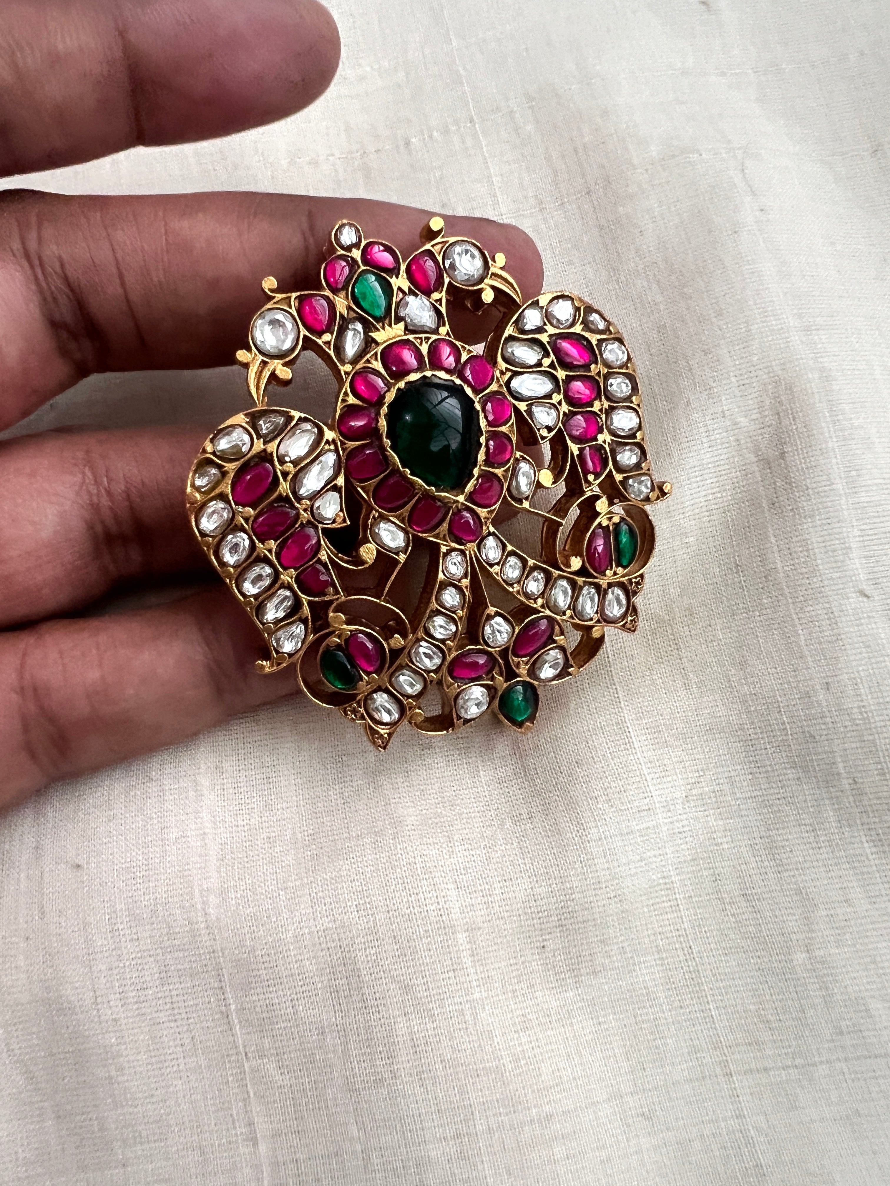 Gold Polish Kundan, Ruby & Emerald Gandaberunda Brooch (MADE TO ORDER)-Silver Neckpiece-CI-House of Taamara