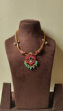 Gold polish kundan, ruby & emerald gandaberunda necklace with pearls and jade beads-Silver Neckpiece-CI-House of Taamara