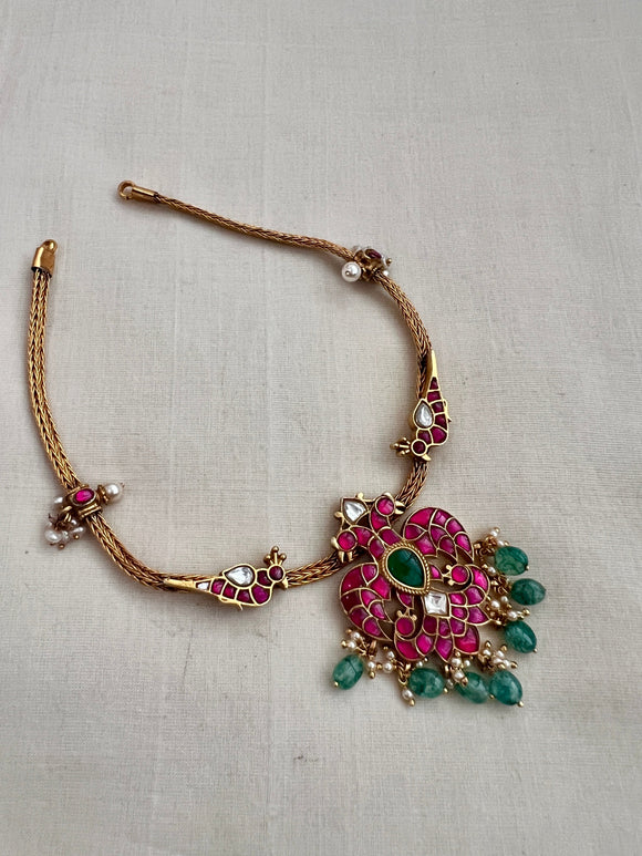 Gold polish kundan, ruby & emerald gandaberunda necklace with pearls and jade beads-Silver Neckpiece-CI-House of Taamara