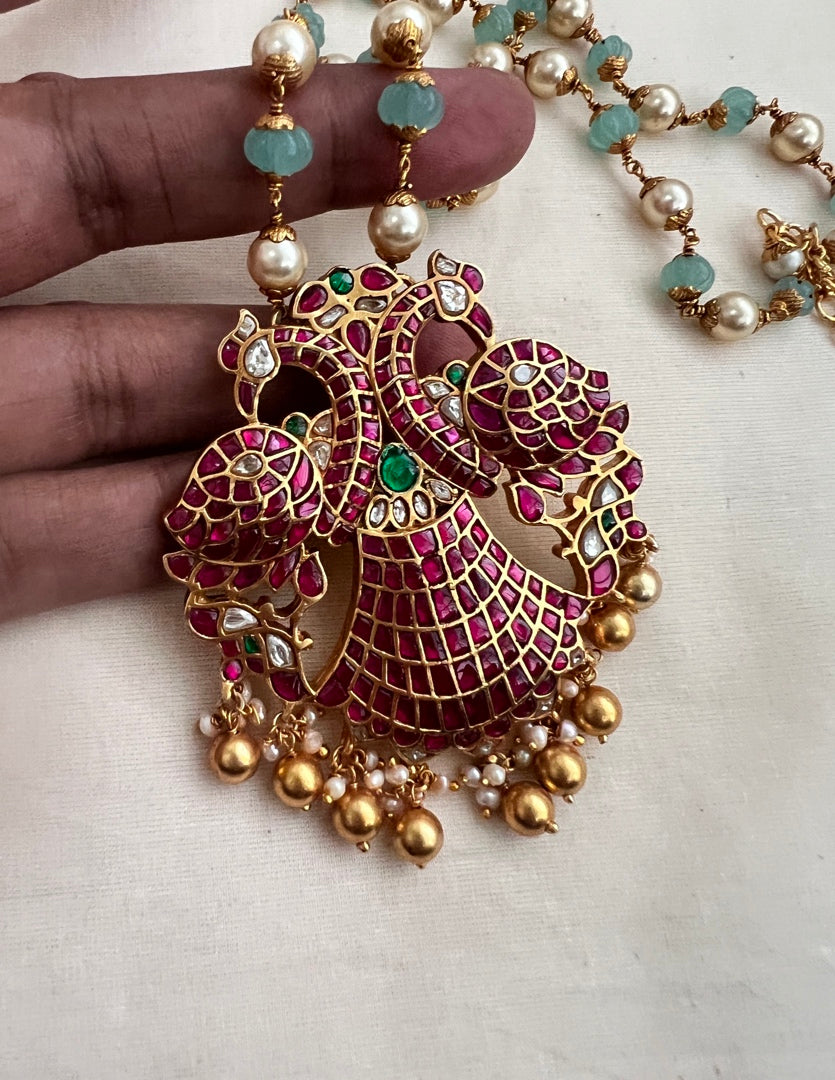 Gold polish kundan, ruby & emerald gandaberunda pendant with jade beads chain-Silver Neckpiece-CI-House of Taamara