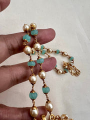 Gold polish kundan, ruby & emerald gandaberunda pendant with jade beads chain-Silver Neckpiece-CI-House of Taamara