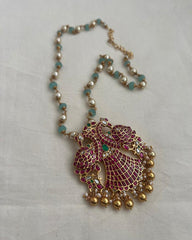 Gold polish kundan, ruby & emerald gandaberunda pendant with jade beads chain-Silver Neckpiece-CI-House of Taamara