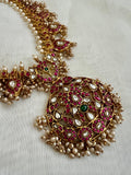 Gold polish kundan, ruby & emerald gutapusulu necklace with pearls-Silver Neckpiece-CI-House of Taamara