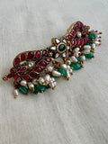 Gold polish kundan, ruby & emerald hair clip with pearls and emerald beads (MADE TO ORDER)-Silver Neckpiece-CI-House of Taamara