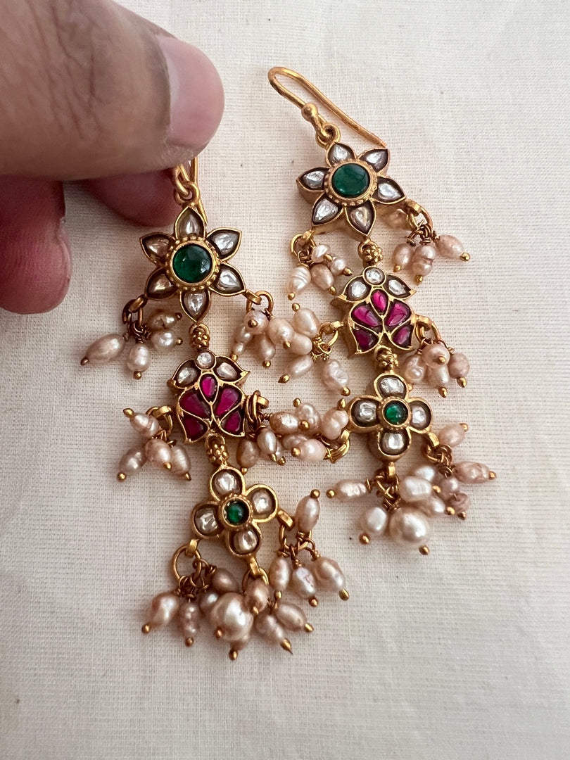 Gold polish kundan, ruby & emerald hangings with pearls-Earrings-CI-House of Taamara