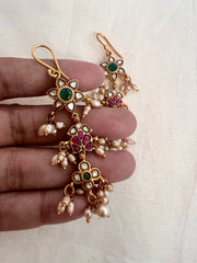 Gold polish kundan, ruby & emerald hangings with pearls-Earrings-CI-House of Taamara