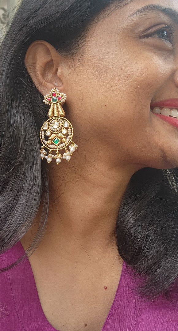 Gold polish kundan, ruby & emerald hangings with pearls-Earrings-CI-House of Taamara