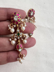 Gold polish kundan, ruby & emerald hangings with pearls-Earrings-CI-House of Taamara