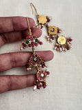 Gold polish kundan, ruby & emerald hangings with pearls and ruby beads-Earrings-CI-House of Taamara