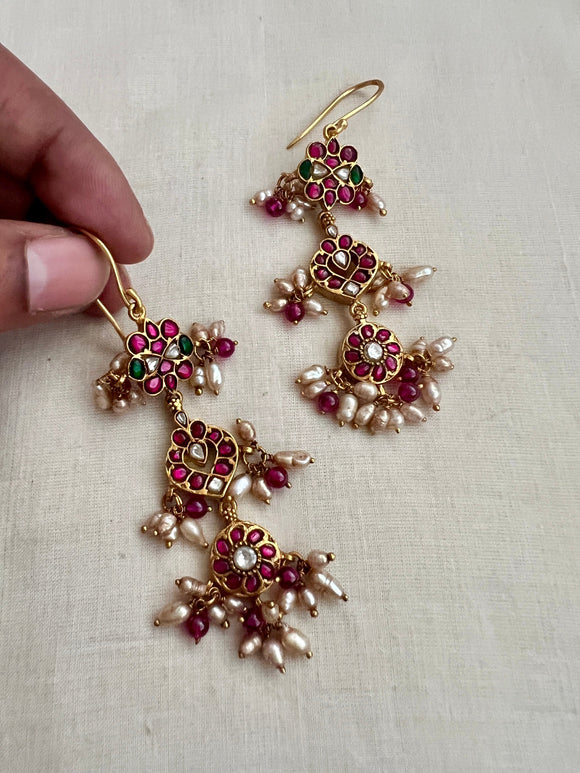 Gold polish kundan, ruby & emerald hangings with pearls and ruby beads-Earrings-CI-House of Taamara