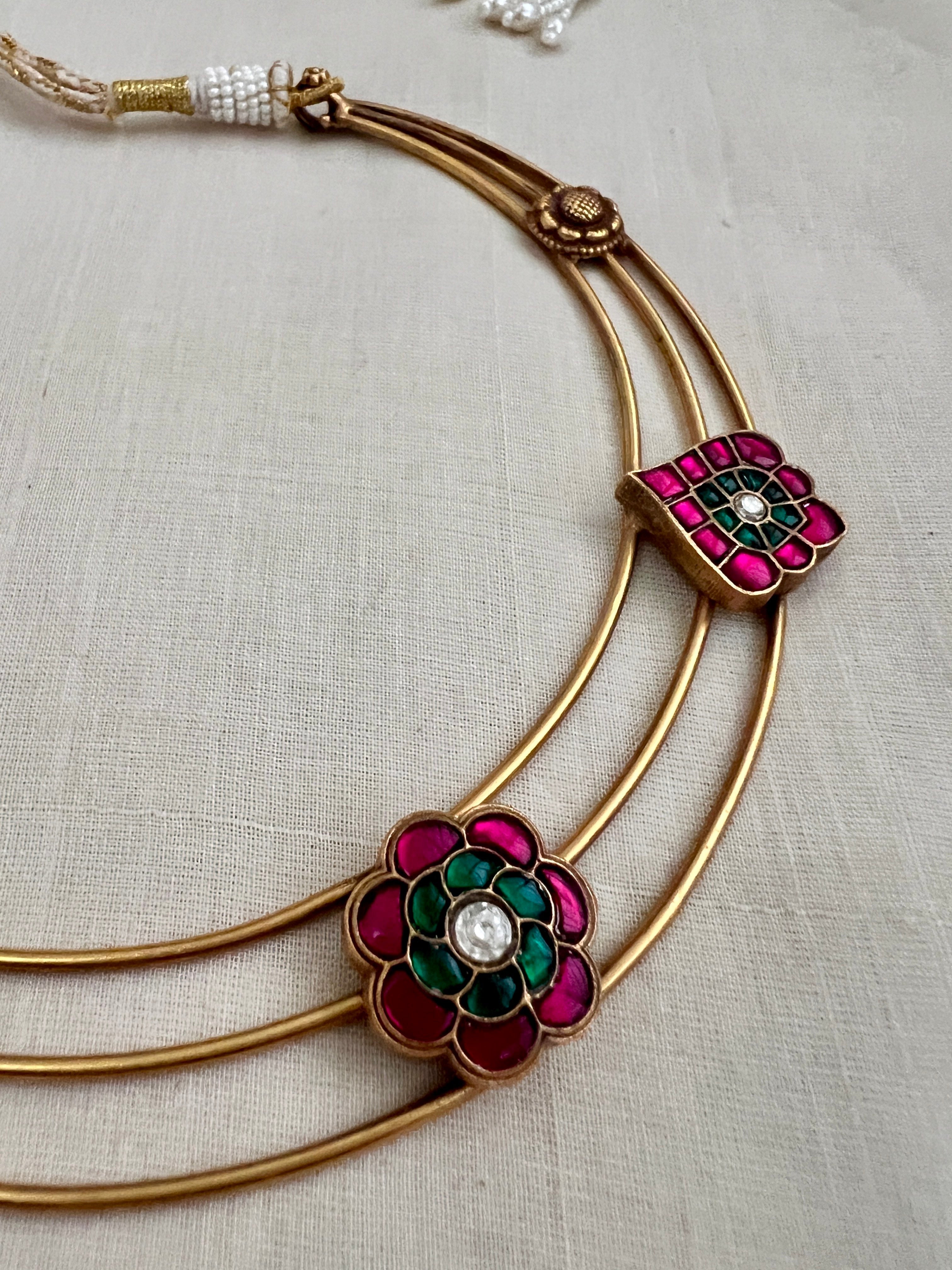 Gold polish kundan, ruby & emerald hasli-Silver Neckpiece-CI-House of Taamara