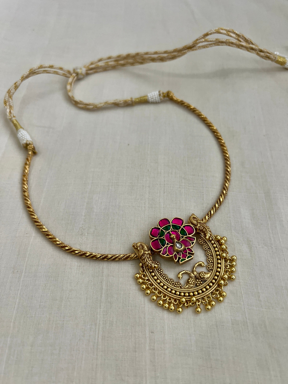 Gold polish kundan, ruby & emerald hasli-Silver Neckpiece-CI-House of Taamara