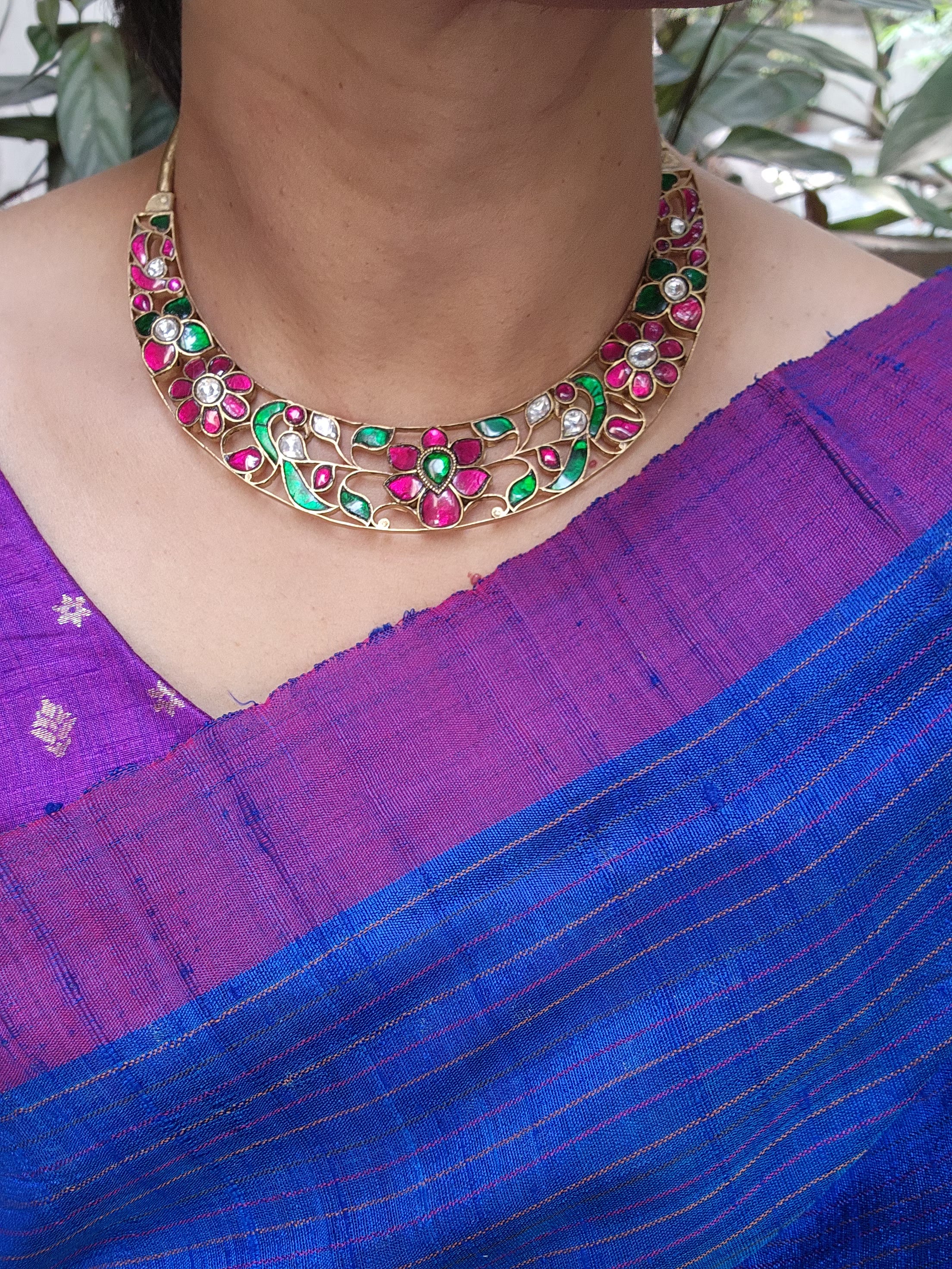 Gold polish kundan, ruby & emerald hasli necklace-Silver Neckpiece-CI-House of Taamara