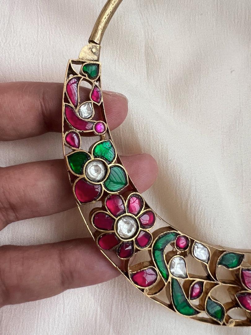 Gold polish kundan, ruby & emerald hasli necklace-Silver Neckpiece-CI-House of Taamara