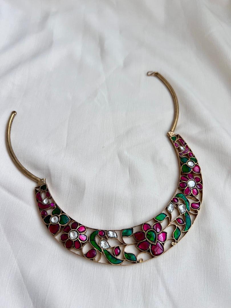 Gold polish kundan, ruby & emerald hasli necklace-Silver Neckpiece-CI-House of Taamara