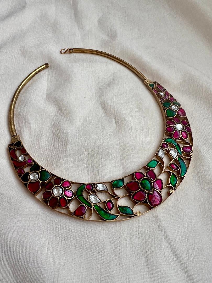 Gold polish kundan, ruby & emerald hasli necklace-Silver Neckpiece-CI-House of Taamara
