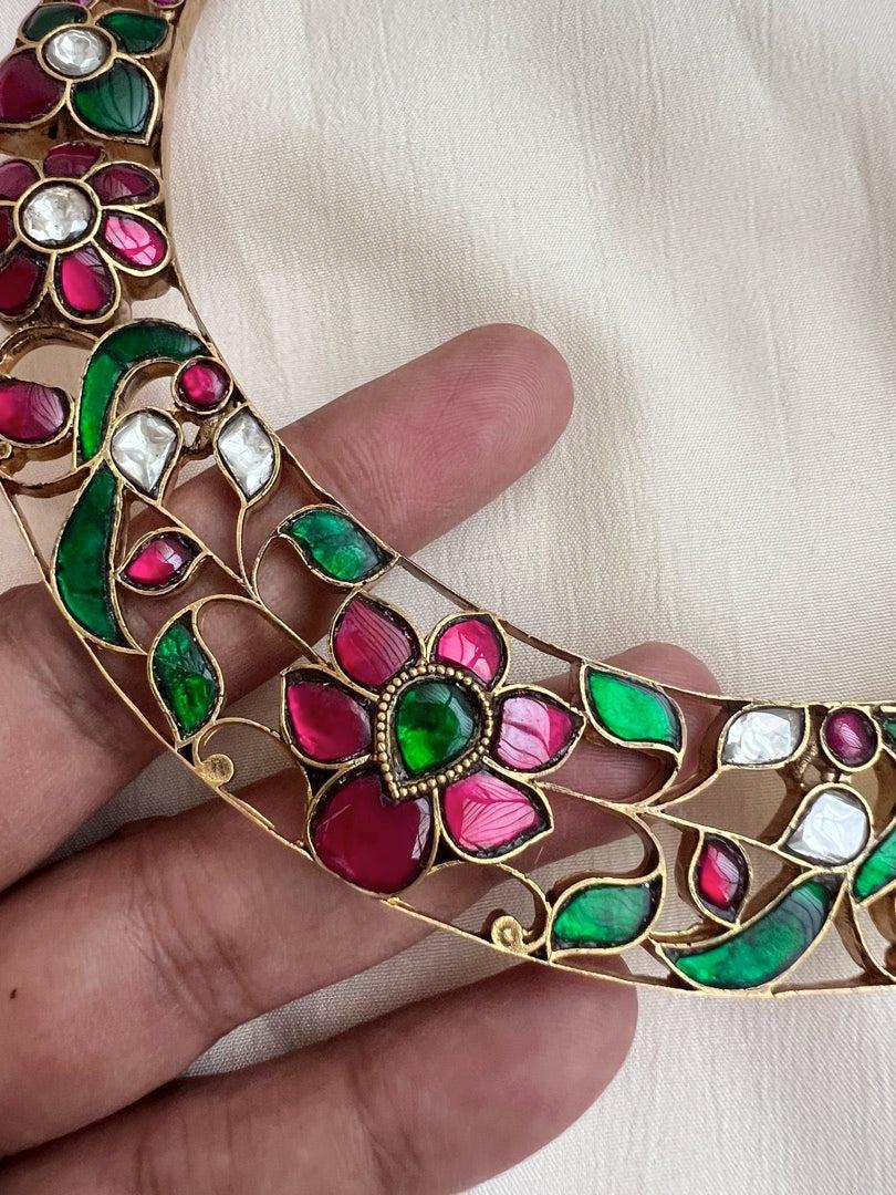 Gold polish kundan, ruby & emerald hasli necklace-Silver Neckpiece-CI-House of Taamara