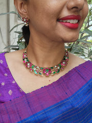 Gold polish kundan, ruby & emerald hasli necklace-Silver Neckpiece-CI-House of Taamara