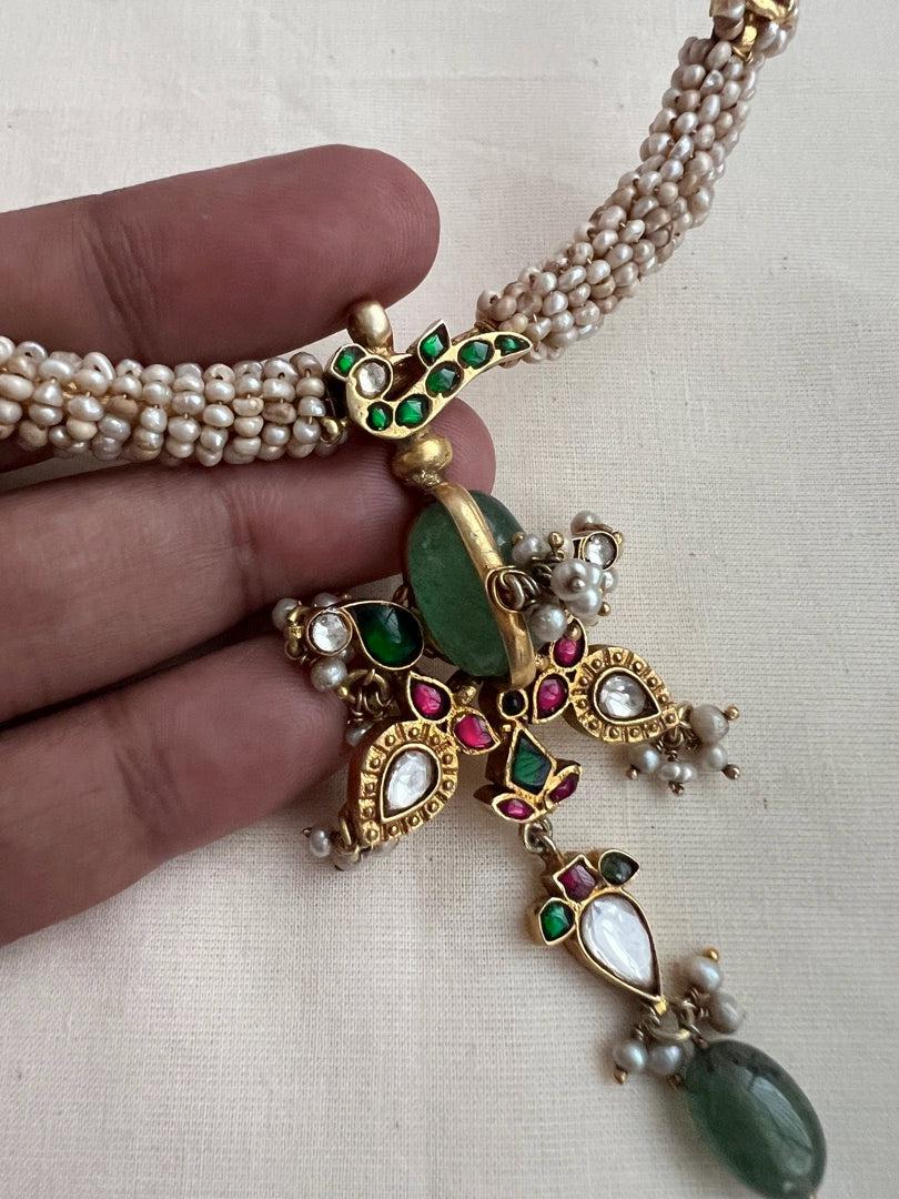 Gold polish kundan, ruby & emerald hasli with antique style kc pearls-Silver Neckpiece-CI-House of Taamara