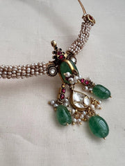 Gold polish kundan, ruby & emerald hasli with antique style kc pearls-Silver Neckpiece-CI-House of Taamara